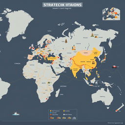 An intricate geopolitical map that illustrates strategic interest areas across the globe with a focus on regional and local significance