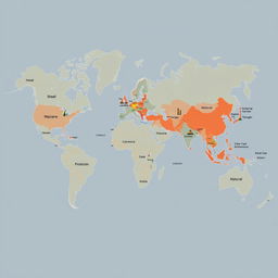 An intricate geopolitical map that illustrates strategic interest areas across the globe with a focus on regional and local significance