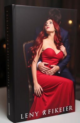 A captivating book cover featuring a long haired girl with luxurious burgundy hair, wearing a form-fitting red dress