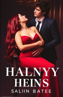 A captivating book cover featuring a long haired girl with luxurious burgundy hair, wearing a form-fitting red dress