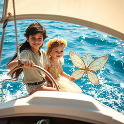 A 10-year-old boy with long dark hair and his sandy brown short-haired sister are sailing on a boat, riding the gentle waves of a sparkling blue ocean