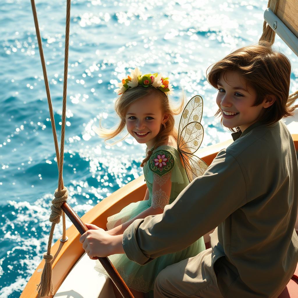 A 10-year-old boy with long dark hair and his sandy brown short-haired sister are sailing on a boat, riding the gentle waves of a sparkling blue ocean