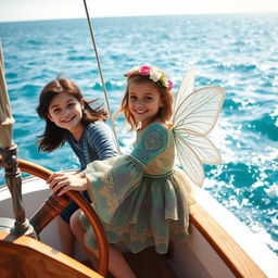 A 10-year-old boy with long dark hair and his sandy brown short-haired sister are sailing on a boat, riding the gentle waves of a sparkling blue ocean