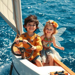 A 10-year-old boy with long dark hair and his sandy brown short-haired sister are sailing on a boat, riding the gentle waves of a sparkling blue ocean