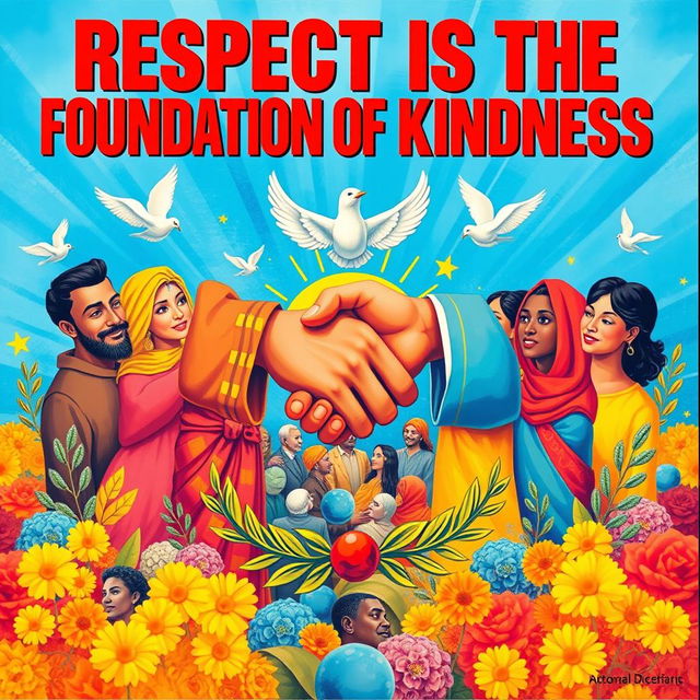 A colorful poster featuring the title "Respect is the Foundation of Kindness" in large, bold typography at the top