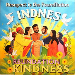 A colorful poster featuring the title "Respect is the Foundation of Kindness" in large, bold typography at the top