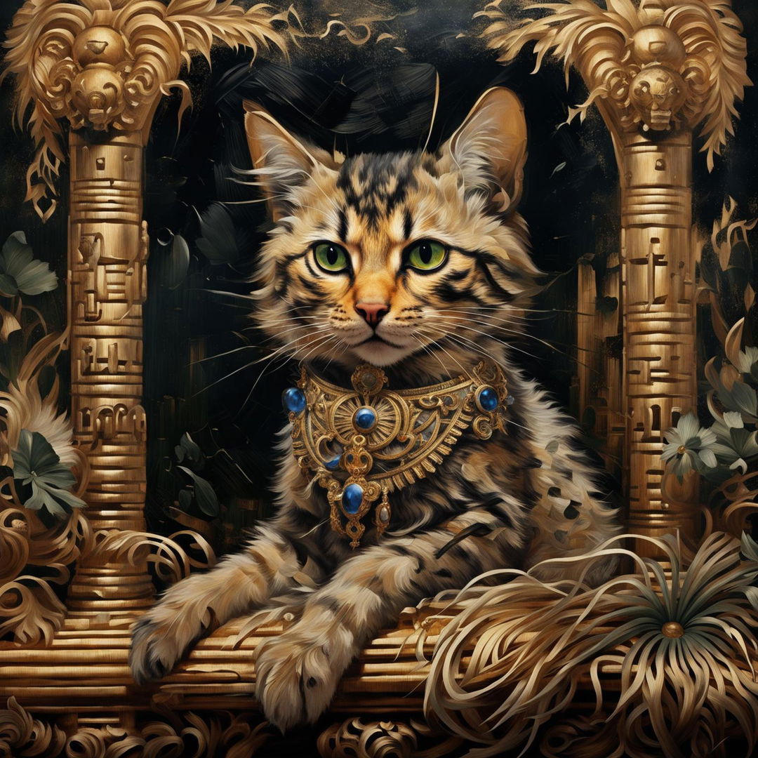 A Rococo-style oil painting of a caramel and cream kitten dressed as an Egyptian goddess, seated on an ornate golden throne, surrounded by a lavish setting of papyrus reeds, the Nile river, and a sunset.