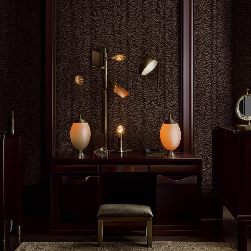 An atmospheric bedroom characterized by dark furniture such as a bed, dressing table, and dual bedside tables. Each side table holds a lit lamp, casting a warm light, against an intricate dark wallpaper backdrop.