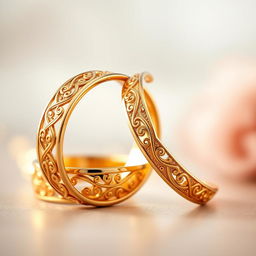 Two intertwined gold rings, elegantly designed with intricate patterns and a polished finish, reflecting light beautifully