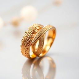 Two intertwined gold rings, elegantly designed with intricate patterns and a polished finish, reflecting light beautifully