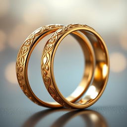 Two intertwined gold rings, elegantly designed with intricate patterns and a polished finish, reflecting light beautifully