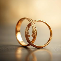 Two intertwined gold rings, elegantly designed with intricate patterns and a polished finish, reflecting light beautifully