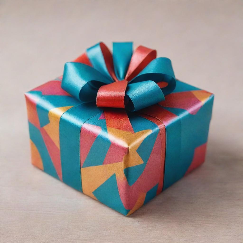 A beautifully wrapped gift box with vibrant colored wrapping paper, adorned with a shiny ribbon bow on top.