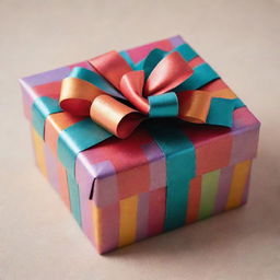 A beautifully wrapped gift box with vibrant colored wrapping paper, adorned with a shiny ribbon bow on top.