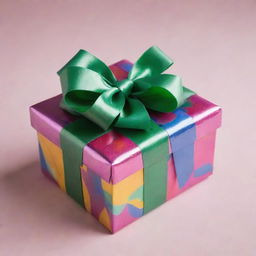 A beautifully wrapped gift box with vibrant colored wrapping paper, adorned with a shiny ribbon bow on top.