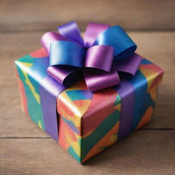 A beautifully wrapped gift box with vibrant colored wrapping paper, adorned with a shiny ribbon bow on top.