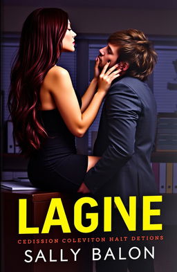 A romantic book cover featuring a long burgundy-haired girl in a little black dress, sitting on an office desk