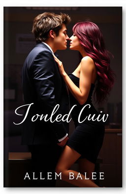 A romantic book cover featuring a long burgundy-haired girl in a little black dress, sitting on an office desk