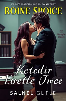 A romantic book cover featuring a long burgundy-haired girl in a little black dress, sitting on an office desk