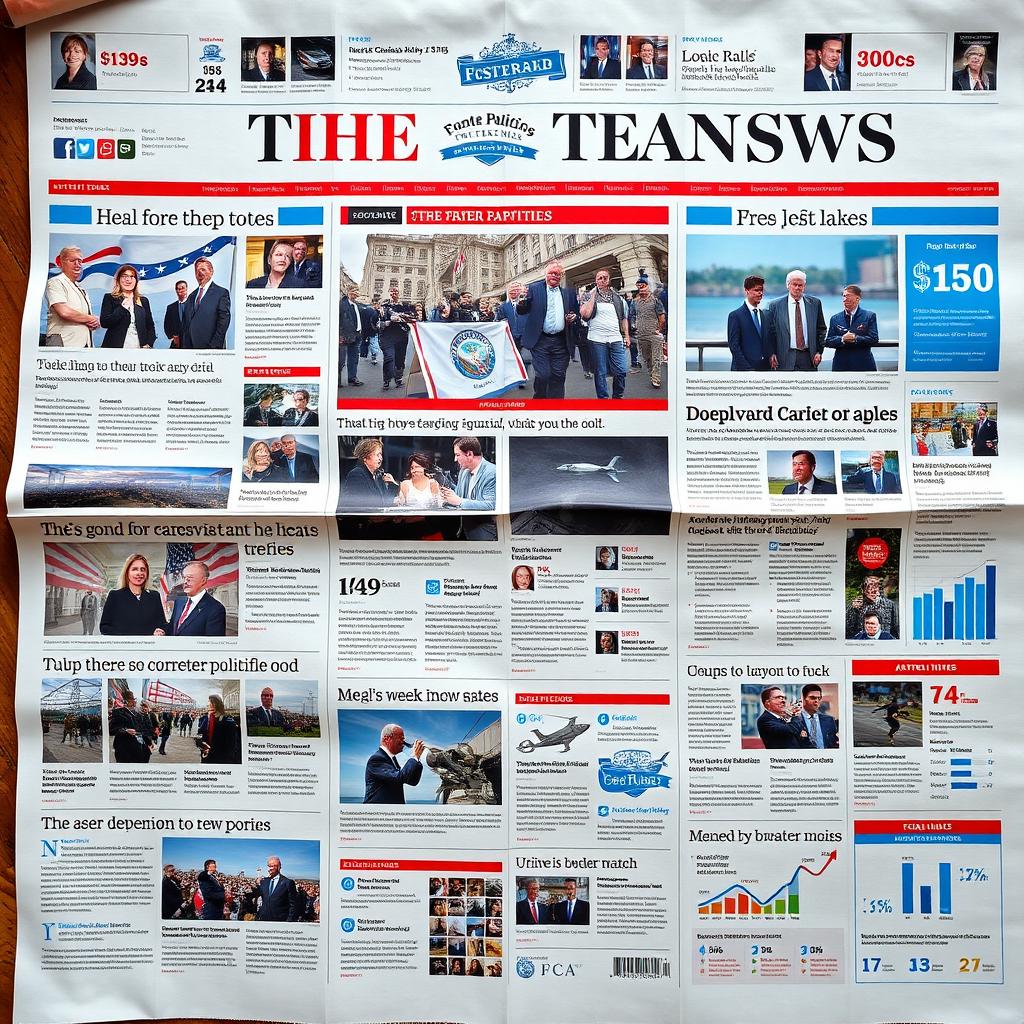 A vibrant, engaging newspaper layout filled with diverse news articles and images, showcasing headlines about current events, politics, culture, and sports