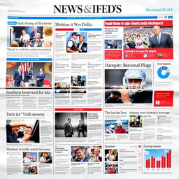 A vibrant, engaging newspaper layout filled with diverse news articles and images, showcasing headlines about current events, politics, culture, and sports