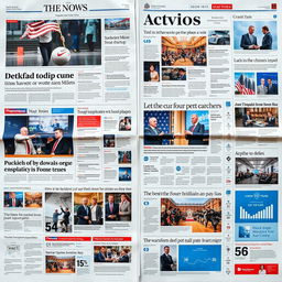 A vibrant, engaging newspaper layout filled with diverse news articles and images, showcasing headlines about current events, politics, culture, and sports