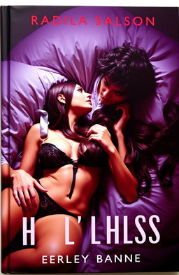 A captivating book cover featuring a long burgundy-haired girl in elegant lingerie, lying seductively on a plush bed, gazing up at a dark, tousled-haired young man who has an open shirt