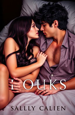 A captivating book cover featuring a long burgundy-haired girl in elegant lingerie, lying seductively on a plush bed, gazing up at a dark, tousled-haired young man who has an open shirt