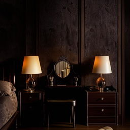 An atmospheric bedroom characterized by dark furniture such as a bed, dressing table, and dual bedside tables. Each side table holds a lit lamp, casting a warm light, against an intricate dark wallpaper backdrop.