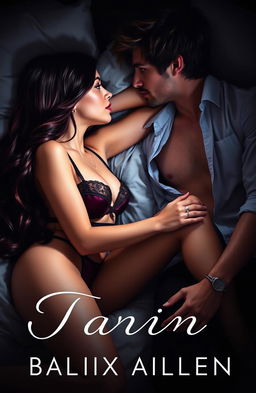 A captivating book cover featuring a long burgundy-haired girl in elegant lingerie, lying seductively on a plush bed, gazing up at a dark, tousled-haired young man who has an open shirt