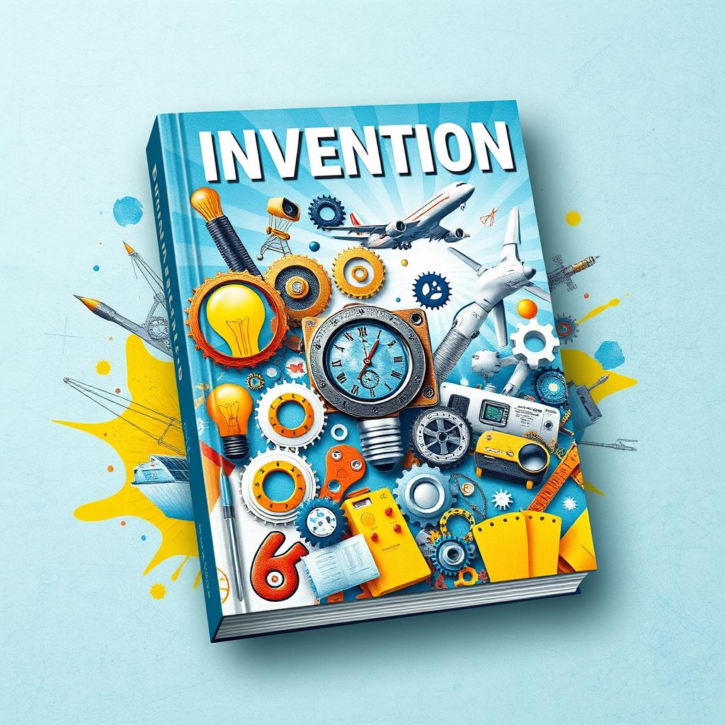 A captivating book cover design focused on inventions and creativity, featuring a collage of famous inventions such as the light bulb, flying airplane, and futuristic gadgets