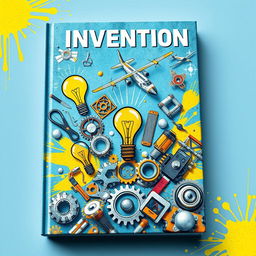 A captivating book cover design focused on inventions and creativity, featuring a collage of famous inventions such as the light bulb, flying airplane, and futuristic gadgets