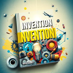 A captivating book cover design focused on inventions and creativity, featuring a collage of famous inventions such as the light bulb, flying airplane, and futuristic gadgets