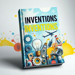 A captivating book cover design focused on inventions and creativity, featuring a collage of famous inventions such as the light bulb, flying airplane, and futuristic gadgets