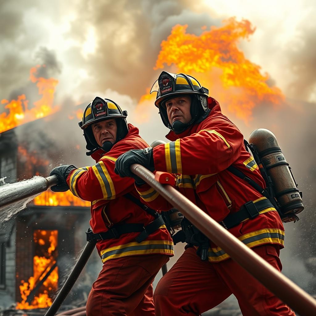 A thrilling scene featuring heroic firemen in action, battling a blazing inferno