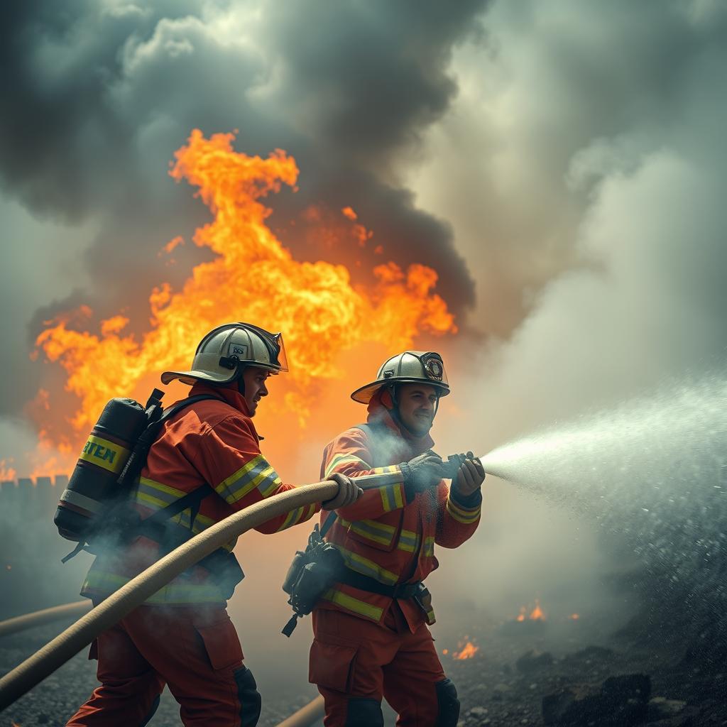 A thrilling scene featuring heroic firemen in action, battling a blazing inferno