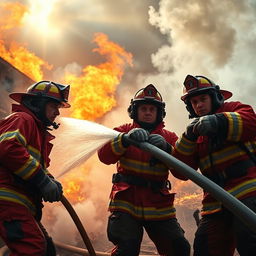 A thrilling scene featuring heroic firemen in action, battling a blazing inferno