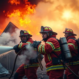 A thrilling scene featuring heroic firemen in action, battling a blazing inferno