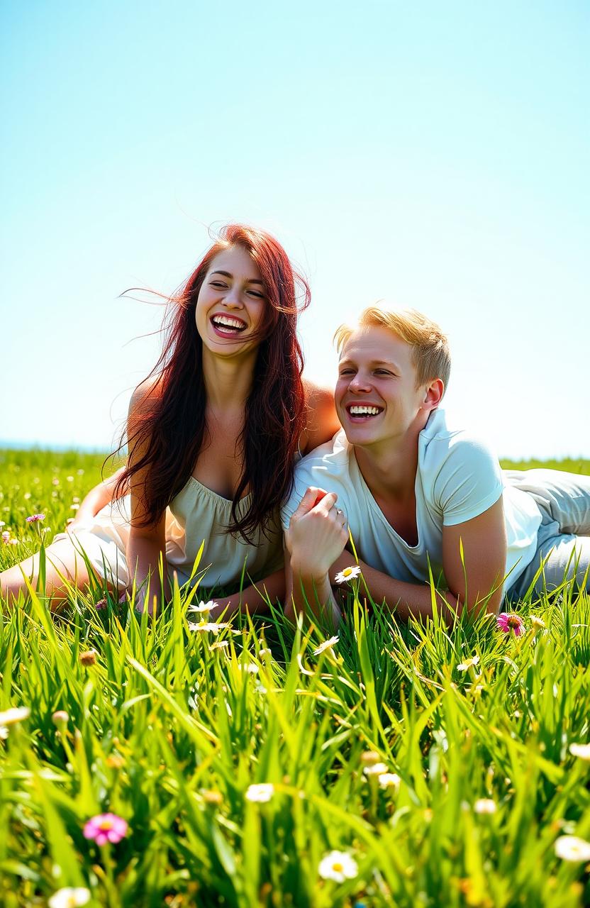 A striking image of a beautiful burgundy-haired girl and a handsome blonde guy playfully lying in a field of lush green grass under a bright blue sky