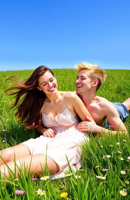 A striking image of a beautiful burgundy-haired girl and a handsome blonde guy playfully lying in a field of lush green grass under a bright blue sky