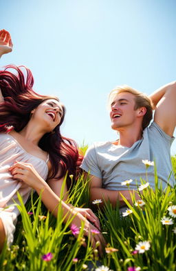 A striking image of a beautiful burgundy-haired girl and a handsome blonde guy playfully lying in a field of lush green grass under a bright blue sky