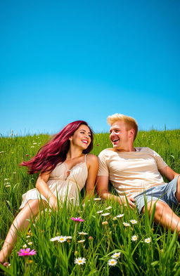 A striking image of a beautiful burgundy-haired girl and a handsome blonde guy playfully lying in a field of lush green grass under a bright blue sky