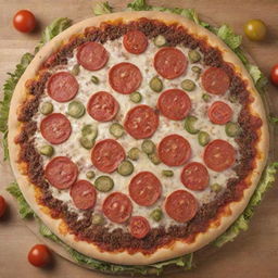 An exciting fusion of pizza and hamburger. The delectable crust formed from hearty pizza dough, topped with a prime beef burger patty, cheese, lettuce, tomatoes, and pickles, arranged like traditional pizza toppings.