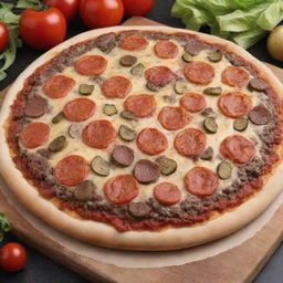 An exciting fusion of pizza and hamburger. The delectable crust formed from hearty pizza dough, topped with a prime beef burger patty, cheese, lettuce, tomatoes, and pickles, arranged like traditional pizza toppings.