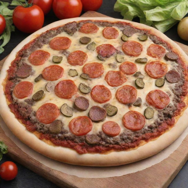 An exciting fusion of pizza and hamburger. The delectable crust formed from hearty pizza dough, topped with a prime beef burger patty, cheese, lettuce, tomatoes, and pickles, arranged like traditional pizza toppings.