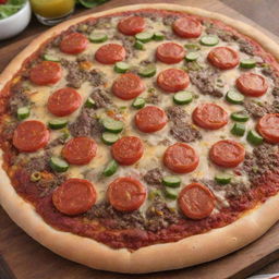 An exciting fusion of pizza and hamburger. The delectable crust formed from hearty pizza dough, topped with a prime beef burger patty, cheese, lettuce, tomatoes, and pickles, arranged like traditional pizza toppings.