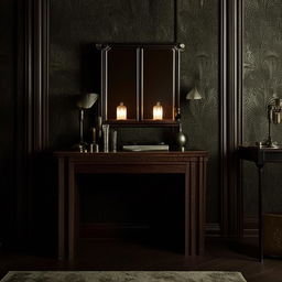 An atmospheric bedroom characterized by dark furniture such as a bed, dressing table, and dual bedside tables. Each side table holds a lit lamp, casting a warm light, against an intricate dark wallpaper backdrop.