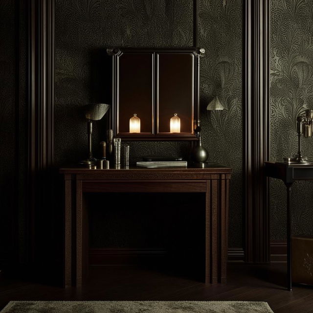 An atmospheric bedroom characterized by dark furniture such as a bed, dressing table, and dual bedside tables. Each side table holds a lit lamp, casting a warm light, against an intricate dark wallpaper backdrop.