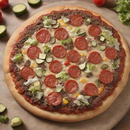 An exciting fusion of pizza and hamburger. The delectable crust formed from hearty pizza dough, topped with a prime beef burger patty, cheese, lettuce, tomatoes, and pickles, arranged like traditional pizza toppings.