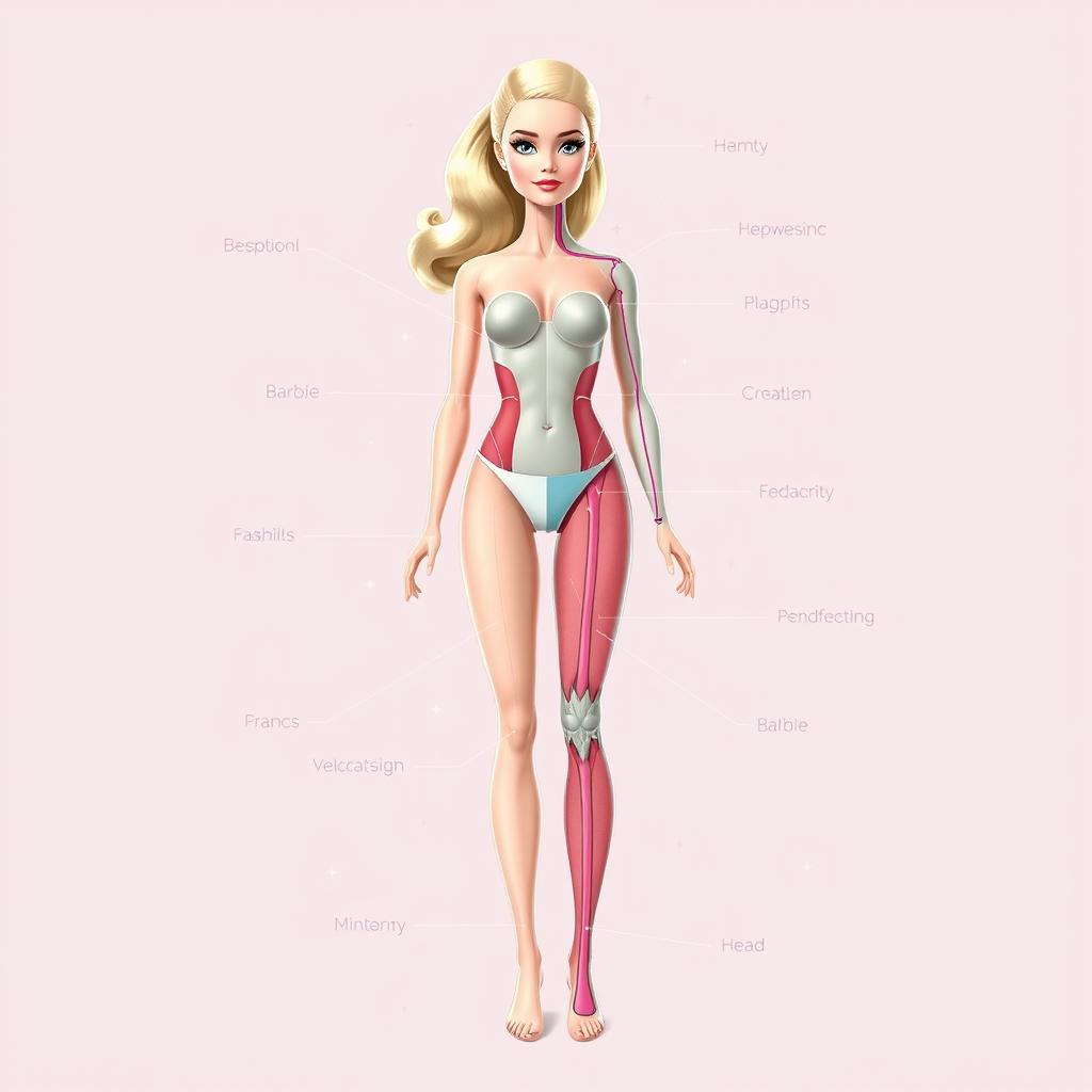 A detailed illustration of Barbie anatomical features viewed from the transverse plane, showcasing her unique proportions and features including her iconic elongated limbs, stylized facial features, and fashionable clothing